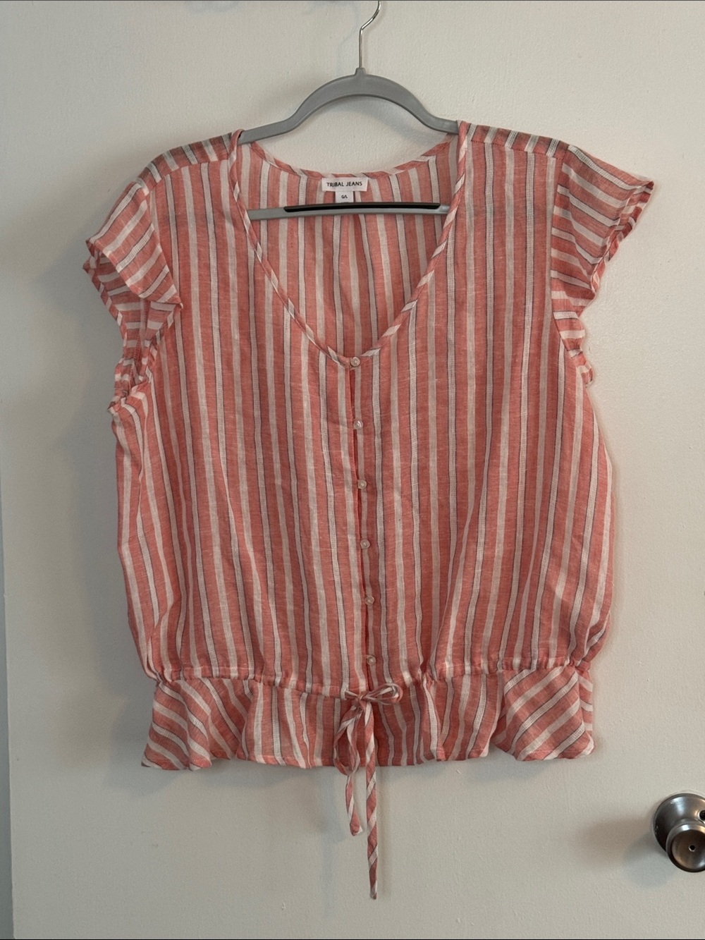 Lt Red, White & blue stripes Button-Front Tie-Flute Hem Linen Rayon Blouse lg